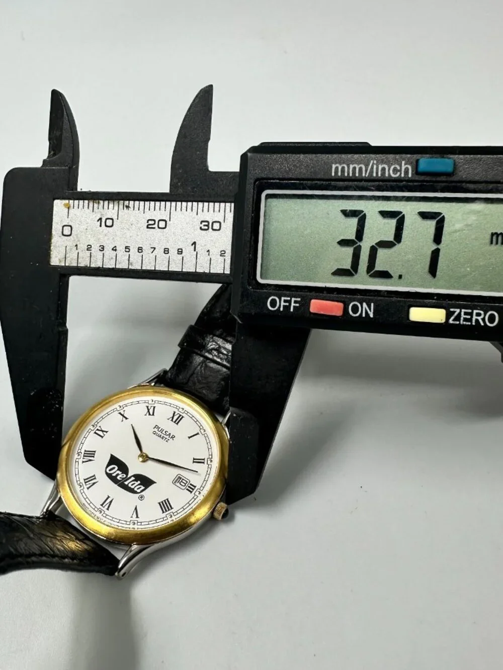 Vintage Pulsar Watch Men Gold Tone Ore Ida Logo Black Leather Band